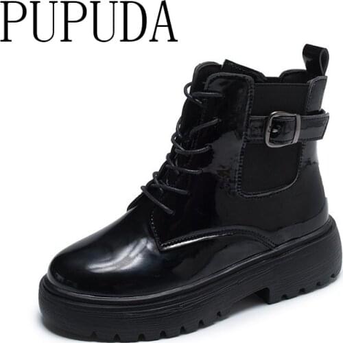 PUPUDA Women Boots Autumn Classic Black Cowboy Boots Women Korean Lace Up Platform Boots Women Chunky Shoes Female