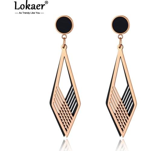 Lokaer Trendy Titanium Stainless Steel Double Hollow Geometry Earrings Rose Gold Acrylic Handmade Ear Jewelry For Women E20147