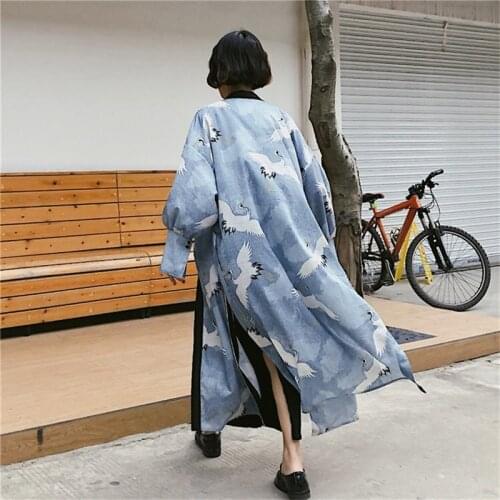 Harajuku Retro Japanese Kimono Crane Cardigan Loose Hem Slit Thin Sunscreen Jacket Women Traditional Sleepwear Robes New Gown
