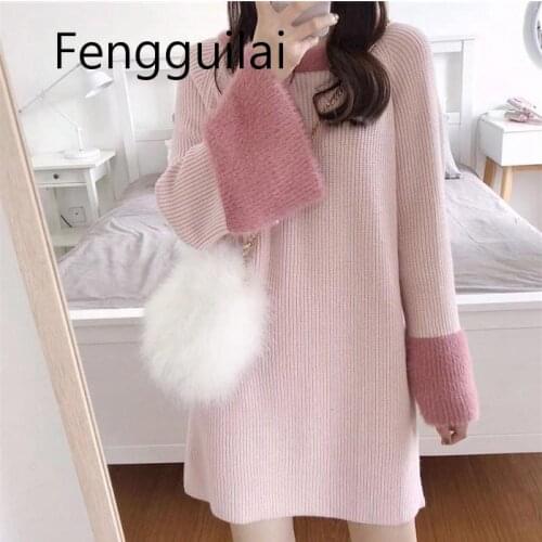 Winter Knitted Sweater Dress Long Sleeve Women Pullover Woolen Oversize Pink Mini Dress Korean Fashion 2020 Tunic Women Clothing