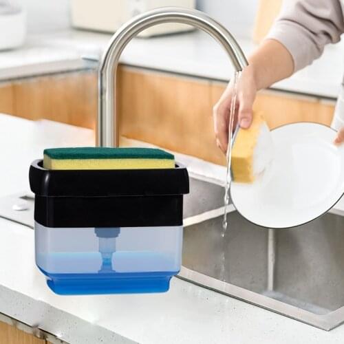 1set Kitchen Pump Soap Dispenser with Sponge Liquid Detergent Container Box Manual Press Cleaning Soap Dispenser