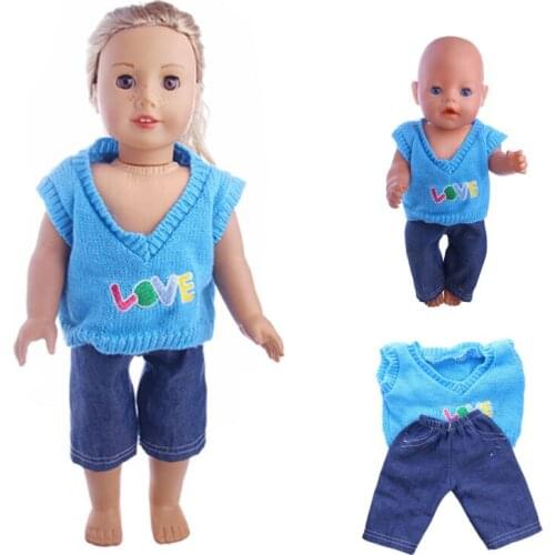 2colors Sweater LOVE pattern + jeans suit fit 18inch Doll& 43cm doll clothes accessories
