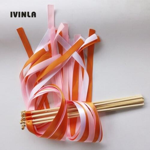 50pcs/lot pink and orange wedding ribbon stick with gold bell for wedding party