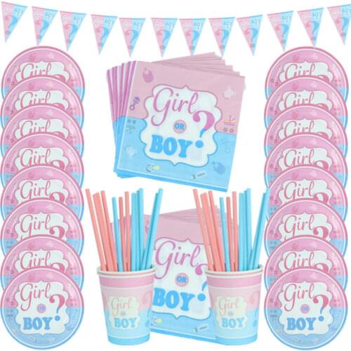 65pcs Gender Reveal Party Supplies Disposable Tableware Set Paper Cups Plates Napkins Baby Shower BOY OR GIRL Party Decorations