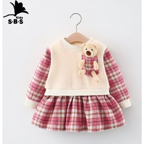 Childrens Clothes 2020 Autumn and Winter New Arrival Baby Girl Long-sleeved Plus Velvet Plaid Dressw with Free Bear Ornaments