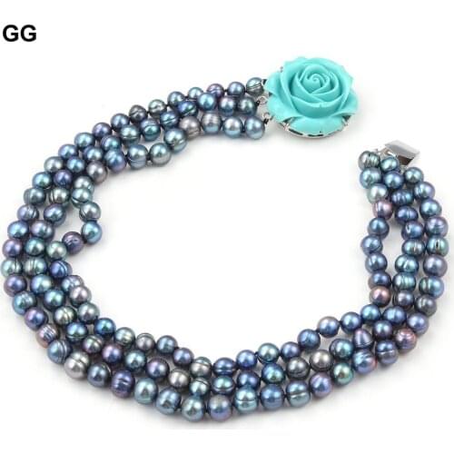 GuaiGuai Jewelry 18" 3 Rows Natural Freshwater Black Pearl Necklace For Women