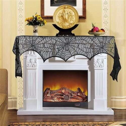 Halloween Fireplace Mantel Scarf Table Runner Tablecloth Cover 2Pcs Lace Spider Web Table Door Window Fireplace Decoration