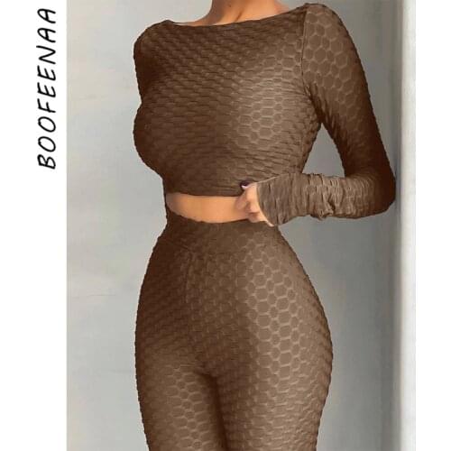 BOOFEENAA Fashion Two Piece Tracksuit Set Sexy Sports Wear Sweatsuit Women Matching Sets Long Sleeve Crop Top Pants C16-CG43