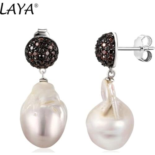 Laya Natural Baroque Pearl Earrings For Women Pure 925 Sterling Silver Shiny White Cubic Zirconia Long Drop Earrings Jewelry
