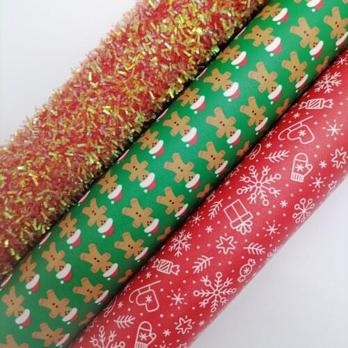 Red Glitter leather, Gingerbread Man and Snowflakes Printed Synthetic Leather Faux Fabric Sheet For Bows Earrings 21x29CM KM613