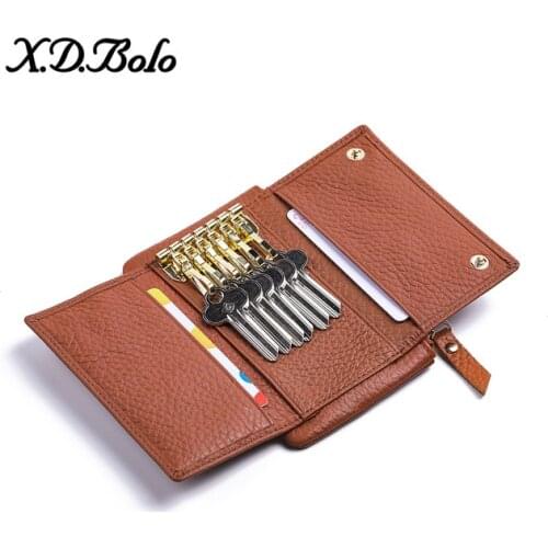 Fashion Genuine Leather Wallet Zipper Hasp Multi-card Three-fold Purse Card Holder Men Woman Coin Purse Keychain