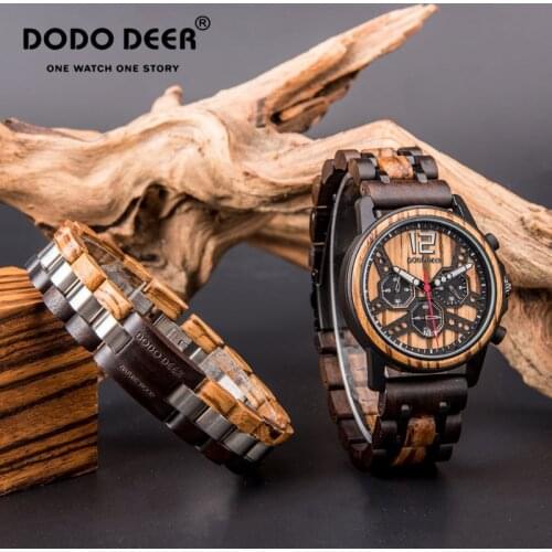 DODO DEER Wood Watch Mens Stainless Steel Wooden Bracelet Set Luxury Chronograph Calendar Christmas Gift Dropshipping