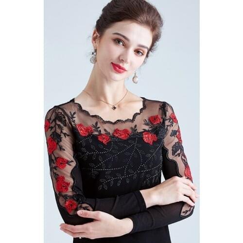 New 2021 Spring Autumn Womens T-Shirt Fashion Embroidered long-sleeved gauze T-shirt bottoming shirt with diamonds