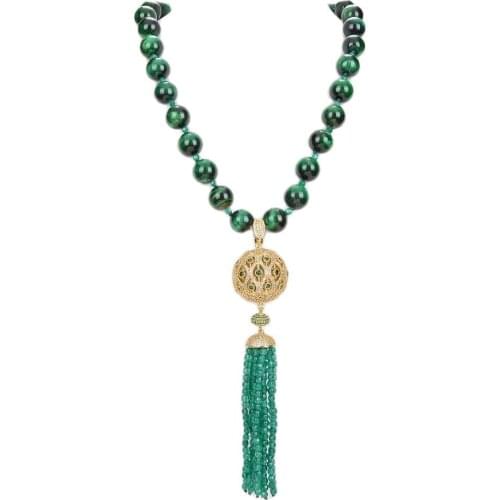 JK 21"14mm Green Tiger Eye Round Beads Necklace Green Aagtes Cubic Zirconia Micro Pave Round Gold Color Plated Pendant