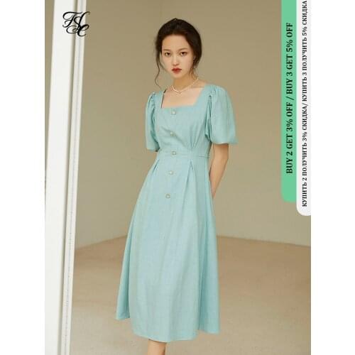 FANSILANEN Office Lady Gentle Wind Puff Sleeve High Waist Dress Women Summer French Retro Square Collar Slim A-line Skirt