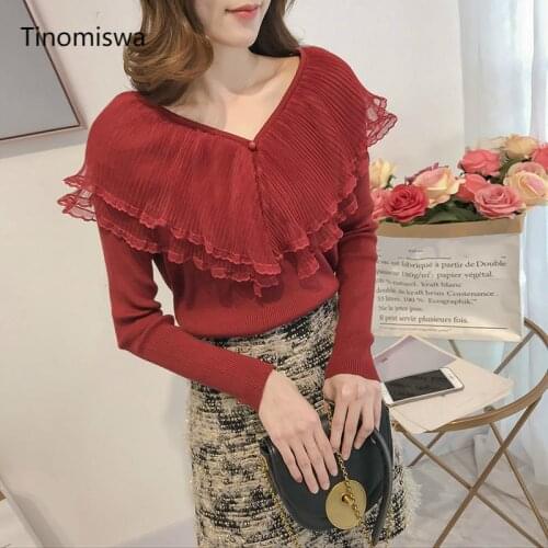 Gauze Ruffle Patchwork Pullover V Neck Long Sleeve Sweater Women Slim Fit Casual Fashion New Tops Korean Chic Pull Femme A589