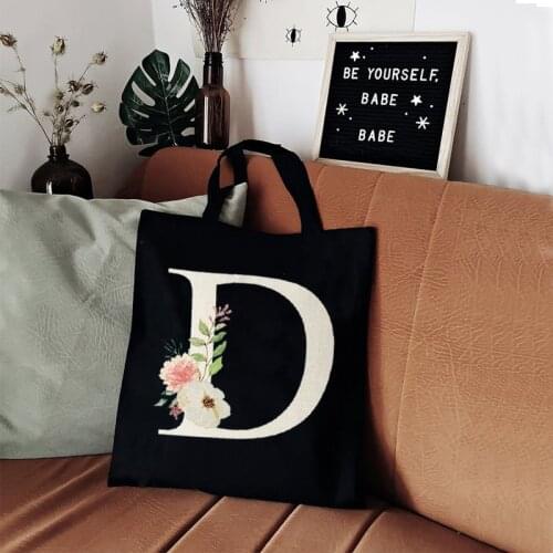 Fashion Floral Alphabet Shopping Bag Women Travel Canvas Bag Personality Name Letter Tote Bag Reusable Bags Cases Black Gift