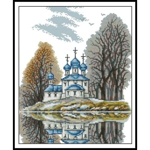 Blue Castle Cross-stitch Patterns DIY Handmade for Needlework and Handicrafts 14CT Printed Canvas Cross-stitch Embroidery Sets