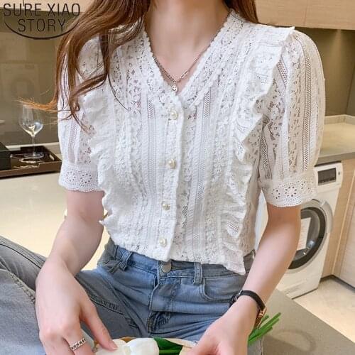 Puff Sleeve Hollow Sweet White Lace Shirt Women Summer Tops 2021 New Fashion Ruffles Casual Clothes Short V-neck Blouse 13990