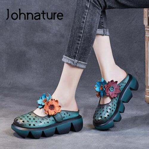 Johnature Women Slippers Summer Shoes Genuine Leather Floral Outside Slides 2021 New Handmade Wedges Leisure Ladies Slippers