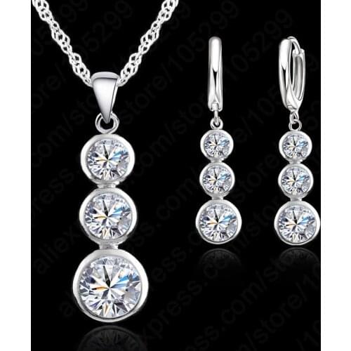 Women Fine Jewelry 925 Sterling Silver Crystal Jewelry Sets For Wedding Pendants Necklaces Earring Set Accessory