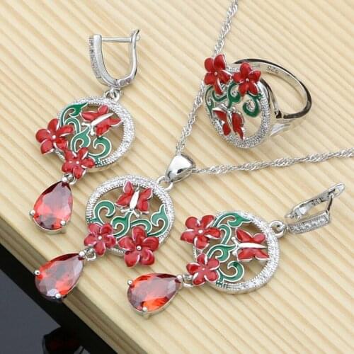 Fine Silver 925 Jewelry Sets Red Enamel with Garnet Earrings Women Handmade Butterfly Flower Decoration Jewellry Dropshipping