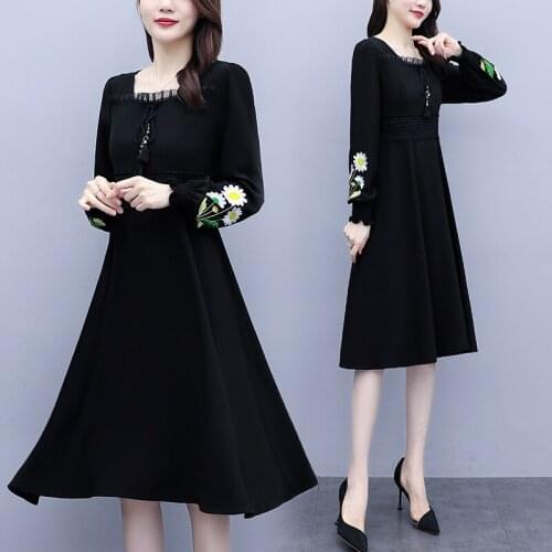 Embroidery Long SLeeve Black Sexy Dress 2021 Autumn Cocktail Birthday Party Casual Loose A-Line Skater Holiday Dresses For Women