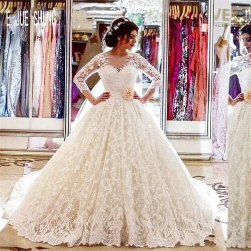 E JUE SHUNG New Vintage Lace Long Sleeves Wedding Dresses with Hand Made Flower Bow Back Vestido De Noiva Ball Gown Bridal Gowns