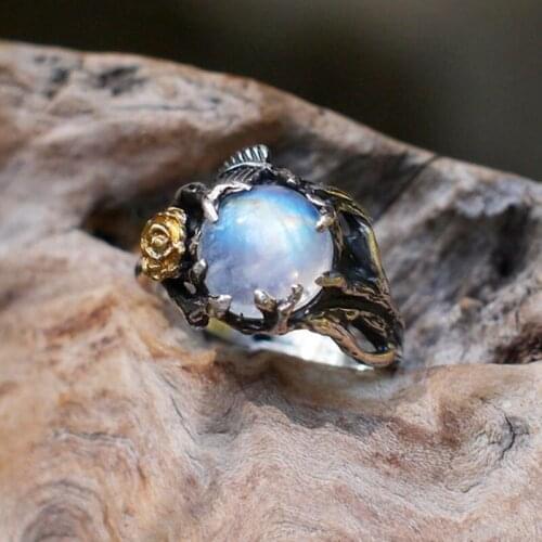 Gold Color Rose Tree Leaf Natural Moonstone Stone Silver Ring Women Vintage Round Wedding Party Ring Jewelry Gift