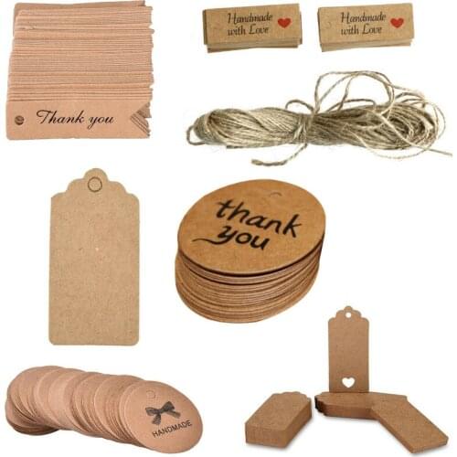 100PCS Handmade With Love Garment Labels Lovely Paper Tags Rope Paper Card Tag Labels Party Favors Gift 10Meters