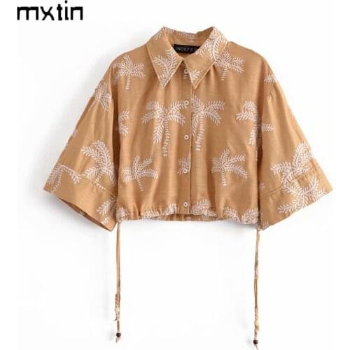 2021Women Fashion Chic Embroidery Cropped Blouses Vintage Drawstring Lapel Collar Offic Ladies Female Shirts Blusas Casual Tops