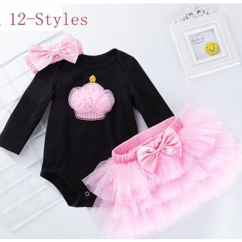 12 Style Winter Fall Baby Girl 3PCS Lounge Set Newborn Childrens Long Sleeve Babysuit + Mesh Skirt Kids Clothes Set 12 18 Month