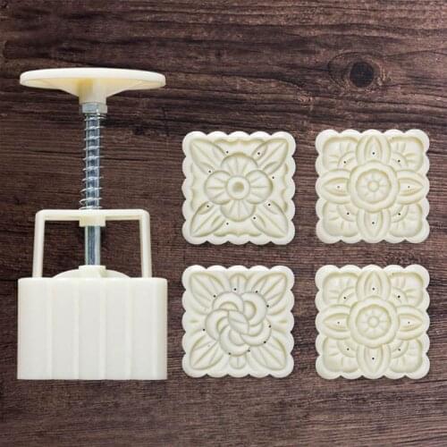 4pcs Square Hand Press Stamp Moon Cake Decor Barrel Mooncake Mold 100g Pastry DIY Tool