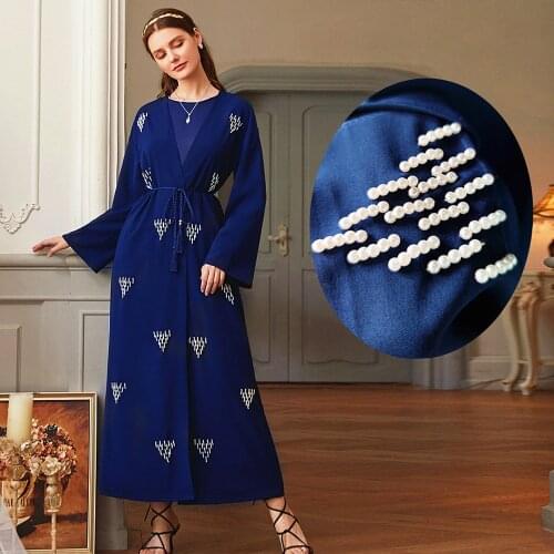 BA012 2021 Dark Blue New Kaftan Arabic Open Abaya Kimono Beading Pearl Muslim Dress Female Cardigan Outwear Women Fashion Robe