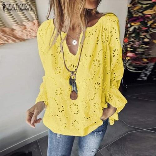 Plus Size Womens Embroidery Blouses ZANZEA 2021 Bohemian Lace Tops Casual V Neck Blusas Female Hollow Long Sleeve Summer Tunic