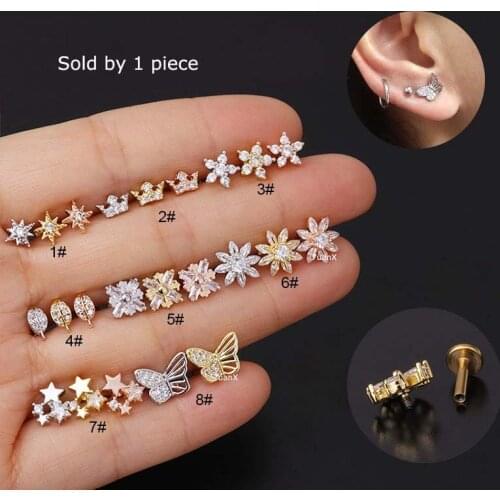 1 Piece 16Gauge Labret Lip Stud Stainless Steel Helix Tragus Piercing 6mm Length Internally Thread