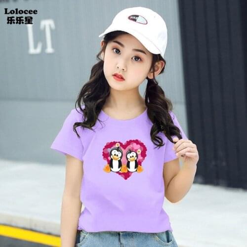 New cartoon cute print penguin son daughter T-shirt infant baby summer Heart Shape wear girls children Cotton Purple Tee