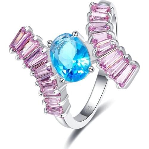 Hainon New Arrival Wide Pink & Blue Oval Cubic Zircon Silver Color Ring Wedding Party Fashion Women Jewelry Rings