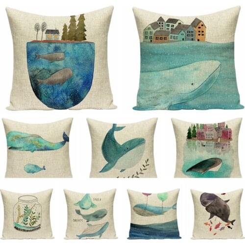 Mediterranean Cotton Linen Printed Square Pillowcase Cartoon Whale Cushions Home Decor Decorative Pillow Sofa Throw Pillows