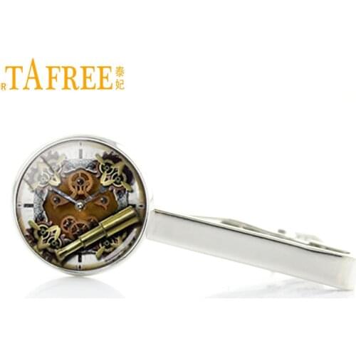 TAFREE Machines Golden Gear Tie Clips Classic Trendy Steampunk Tie Clip Clock Movement Picture Necktie Clip Bar Men Jewelry T290