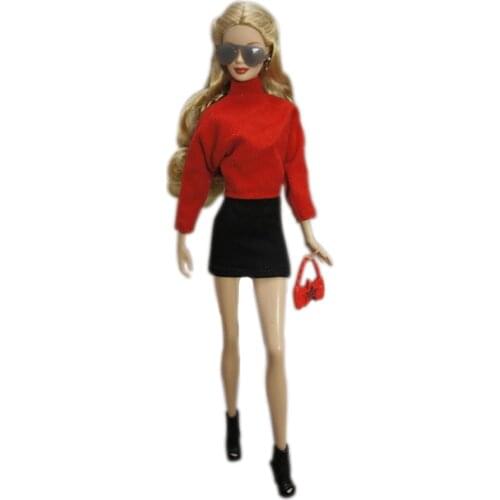 Fashion 11.5" Doll Clothes For Barbie Clothes Outfit Red Long Sleeve Shirt Top Black Skirt Glasses Bag Boots 1/6 BJD Accessories