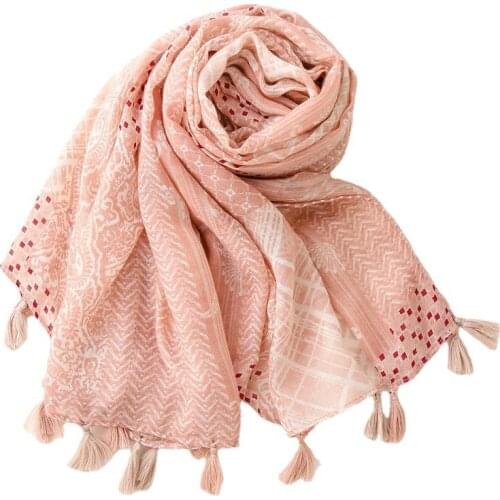 2021 Newest Soft Pink Geometry Print Tassel Scarf Shawls Women Trendy Geometric Hijab Wrap