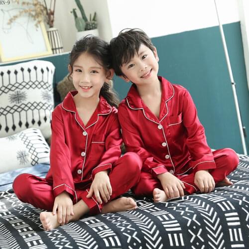 New Spring Children Pajamas Suit Long Sleeve Summer Kids Homewear Soild Silk Pajamas Set Boys Pajamas Set Stain Girls Sleepwear