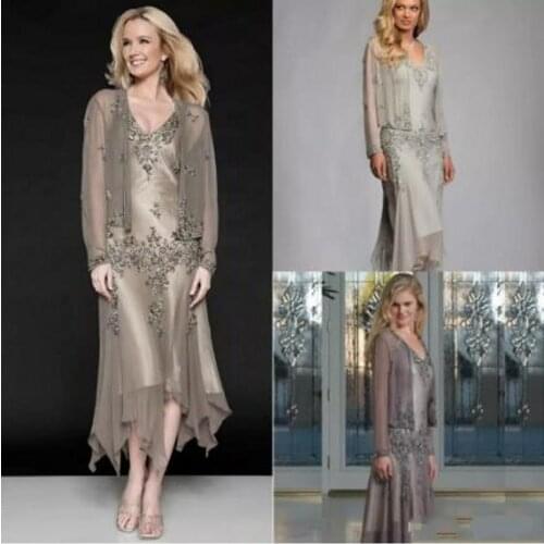 Hot Sale Cheap Mother of the Bride Dresses With Coat Chiffon Lace Appliqued Long Sleeves Evening Gowns Tea Length