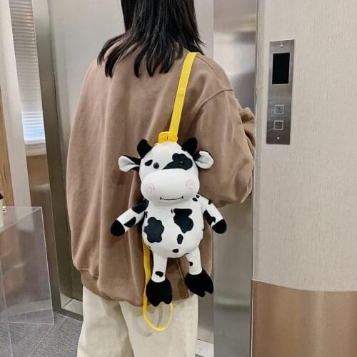 Casual Soft Plush Cow Printed Shoulder Bag Cute Cartoon Doll Women Mini Backpack Handbag School Bag Girls Travel Rucksack