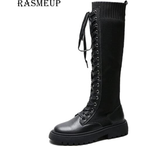 RASMEUP Leather Kintted Elastic Womens Knee High Boots 2020 Style Women Platform Long Boot Lace Up Lady Chunky Shoes Plus Size