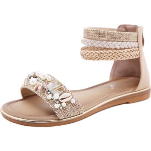Summer Ethnic Style Women Sandals Casual Shell Beaded Wedges Retro Shoes Beach Vacation Flat with Bohemian Roman Sandal