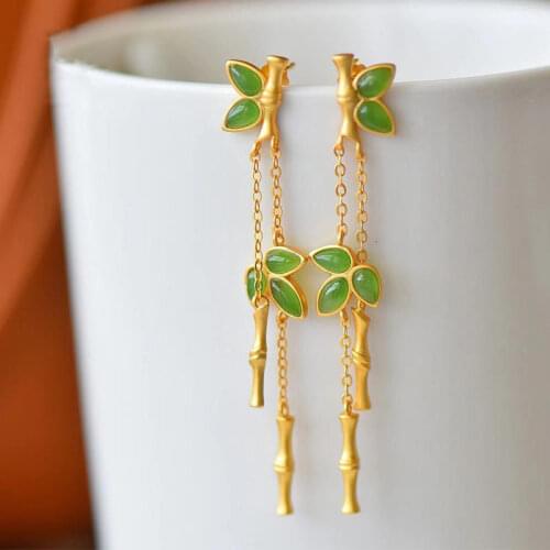 Jasper Eardrops Long Classical Chinese Style Bamboo Earrings S925 Sterling Silver Gold-Plated Jade Bamboo Earrings Elegant