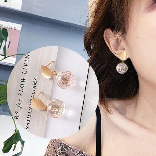 Glass Ball Dry Flower Drop Earrings Statement Gypsophila Transparent Tree of Life Korean Fashion Party Wedding Jewelry 2019