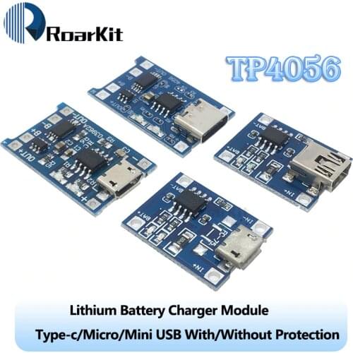 Type-c/Micro/Mini USB 5V 1A 18650 TP4056 Lithium Battery Charger Module Charging Board With Protection Dual Functions 1A Li-ion
